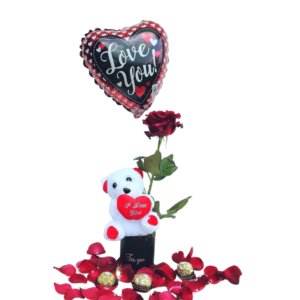 For love Sake with Frills - Single rose in a box with medium Teddy, 3 Ferrero Rocher & Balloon