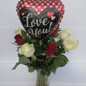 Romeo & Juliet - 5 Red & 5 White Roses in a Vase with Love Balloon