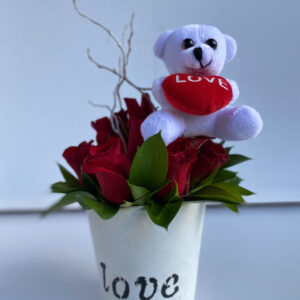 Teddy Love - 7 Red Roses in a vase with Teddy